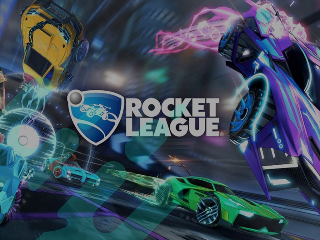 Rocket League promotional graphic with cars and Rocket League logo